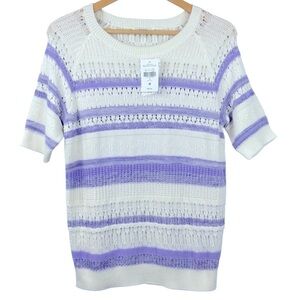 NWT Northern Reflections Lavender & White Crochet Knit Short Sleeve Sweater S
